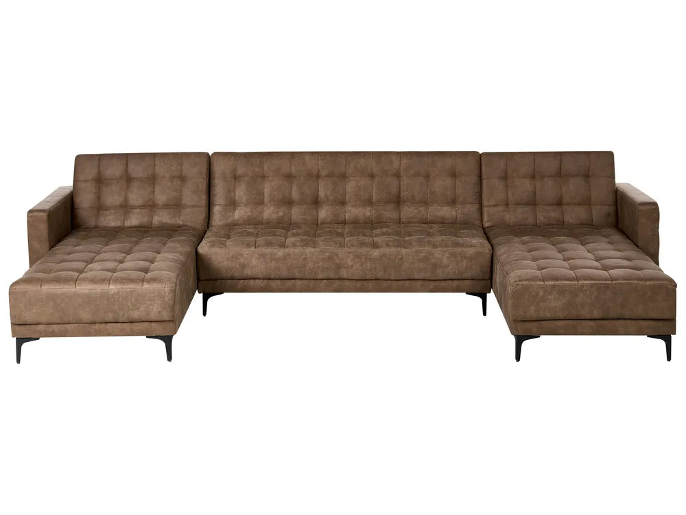 Brown faux leather U‑shape 5 seater modular sofa bed with adjustable backrest and tufted upholstery