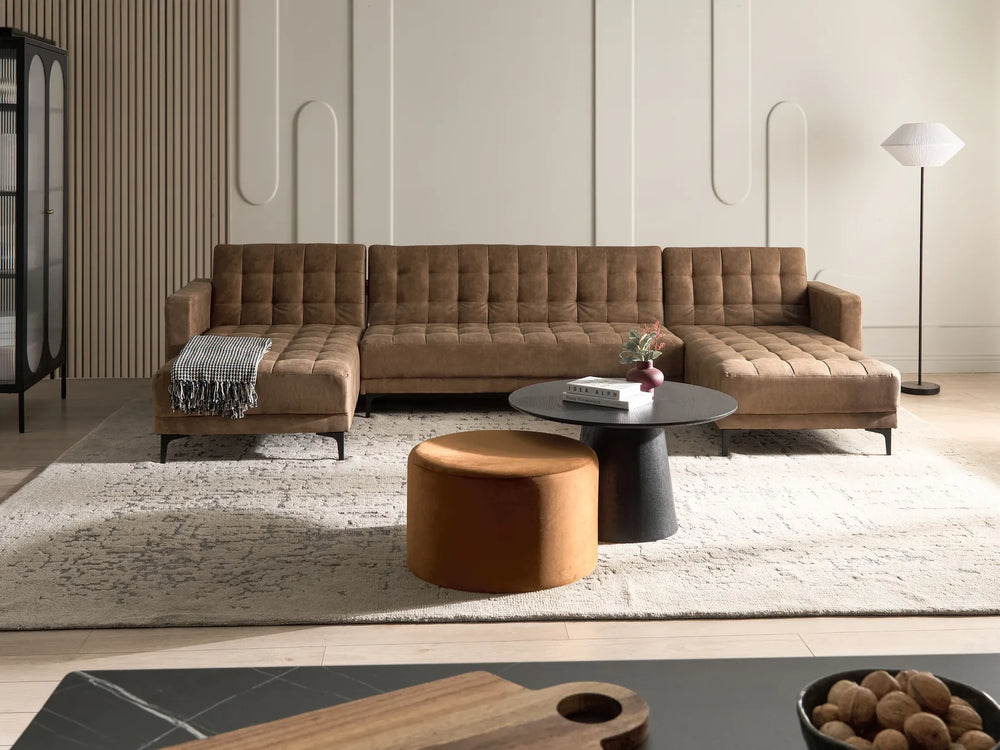 Denby brown faux leather modular U‑shape sectional sofa bed with two chaises and metal legs