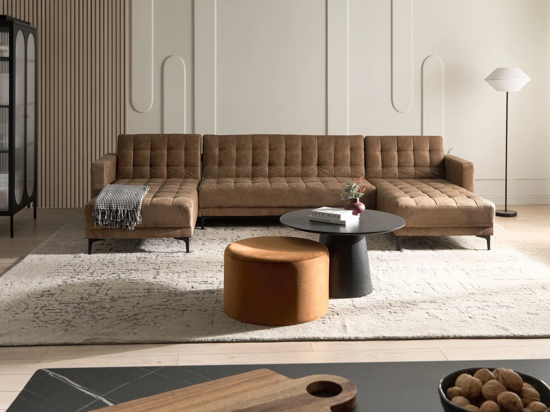 Denby brown faux leather modular U‑shape sectional sofa bed with two chaises and metal legs