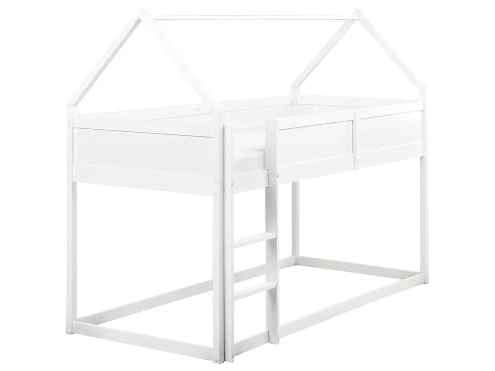 White children's bed with a house-shaped top on a white background