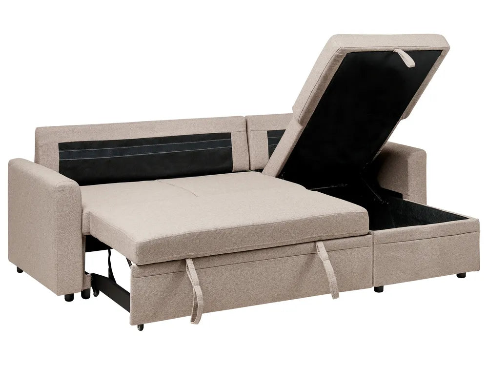 Corner Sofa Bed 3 Seater Faux Linen Light Brown with Storage Left Hand Azuri