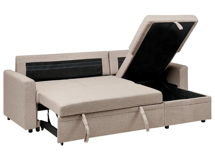 Corner Sofa Bed 3 Seater Faux Linen Light Brown with Storage Left Hand Azuri