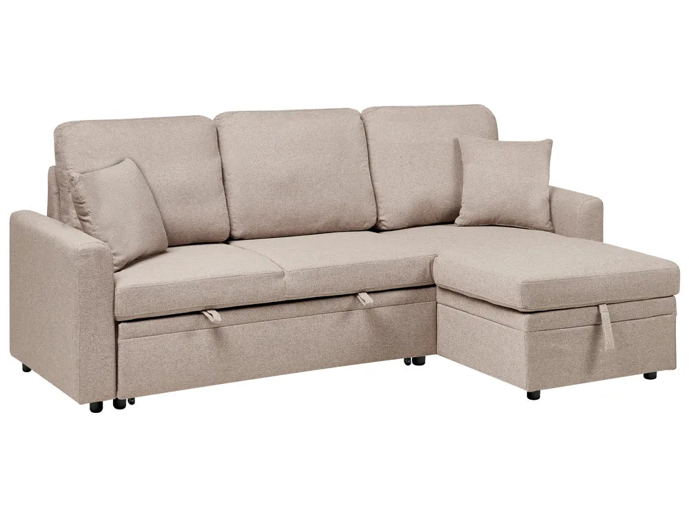 Corner Sofa Bed 3 Seater Faux Linen Light Brown with Storage Left Hand Azuri