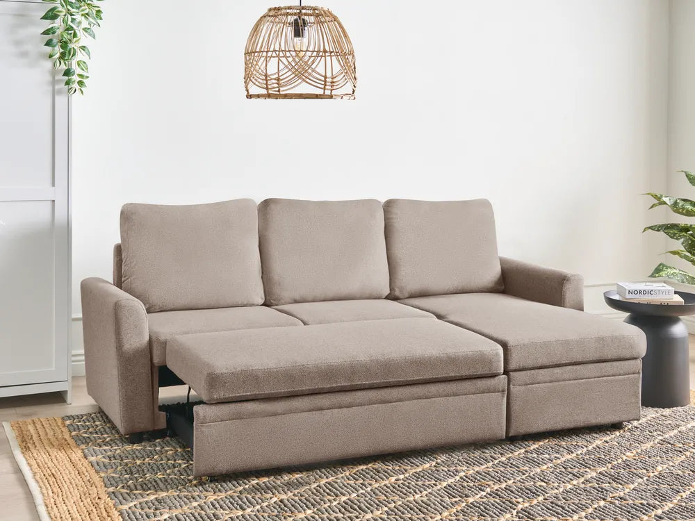 Corner Sofa Bed 3 Seater Faux Linen Light Brown with Storage Left Hand Azuri