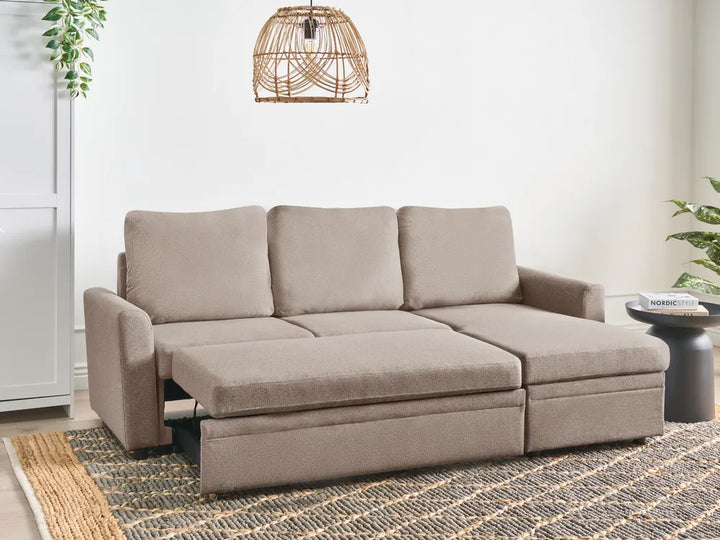 Corner Sofa Bed 3 Seater Faux Linen Light Brown with Storage Left Hand Azuri