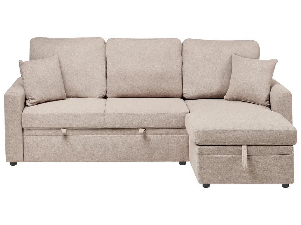 Beige sectional sofa with storage on a white background