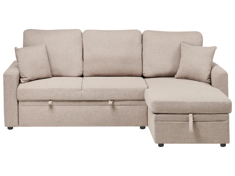 Beige sectional sofa with storage on a white background