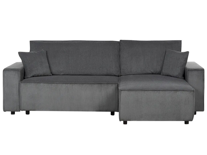 Gray sectional sofa with cushions on a white background