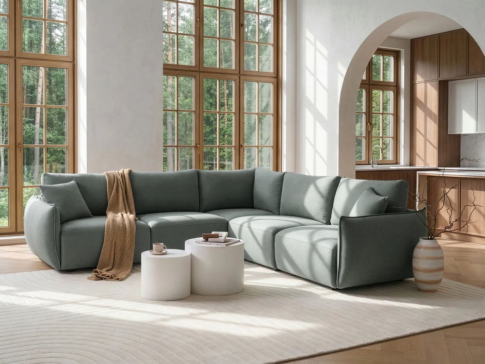 Green fabric modular corner sofa, left-hand layout