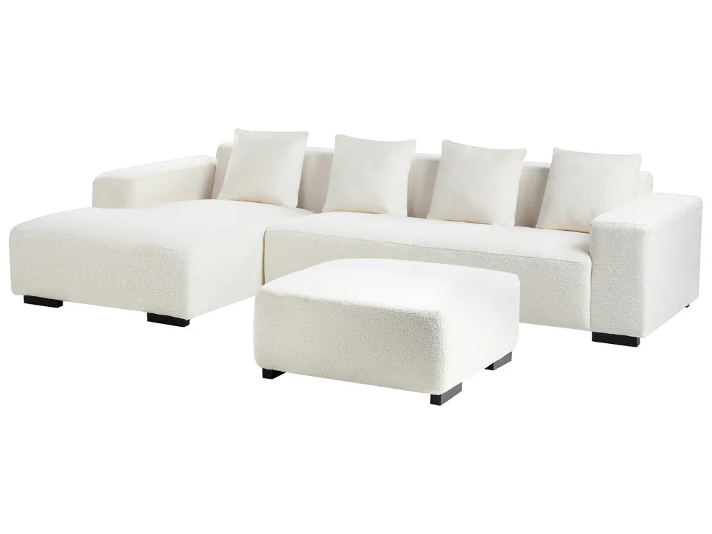 Corner Sofa 4 Seater Boucle White with Ottoman Right Hand Lecanto