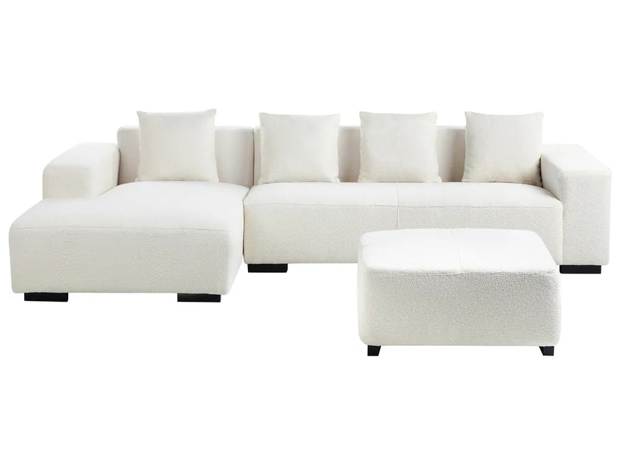 White bouclé corner sofa with ottoman right hand