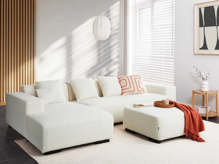 Corner Sofa 4 Seater Boucle White with Ottoman Right Hand Lecanto