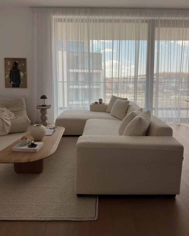 Corner Sofa 4 Seater Boucle White with Ottoman Right Hand Lecanto