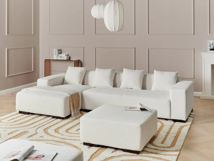 Right hand white bouclé corner sofa with ottoman modern design