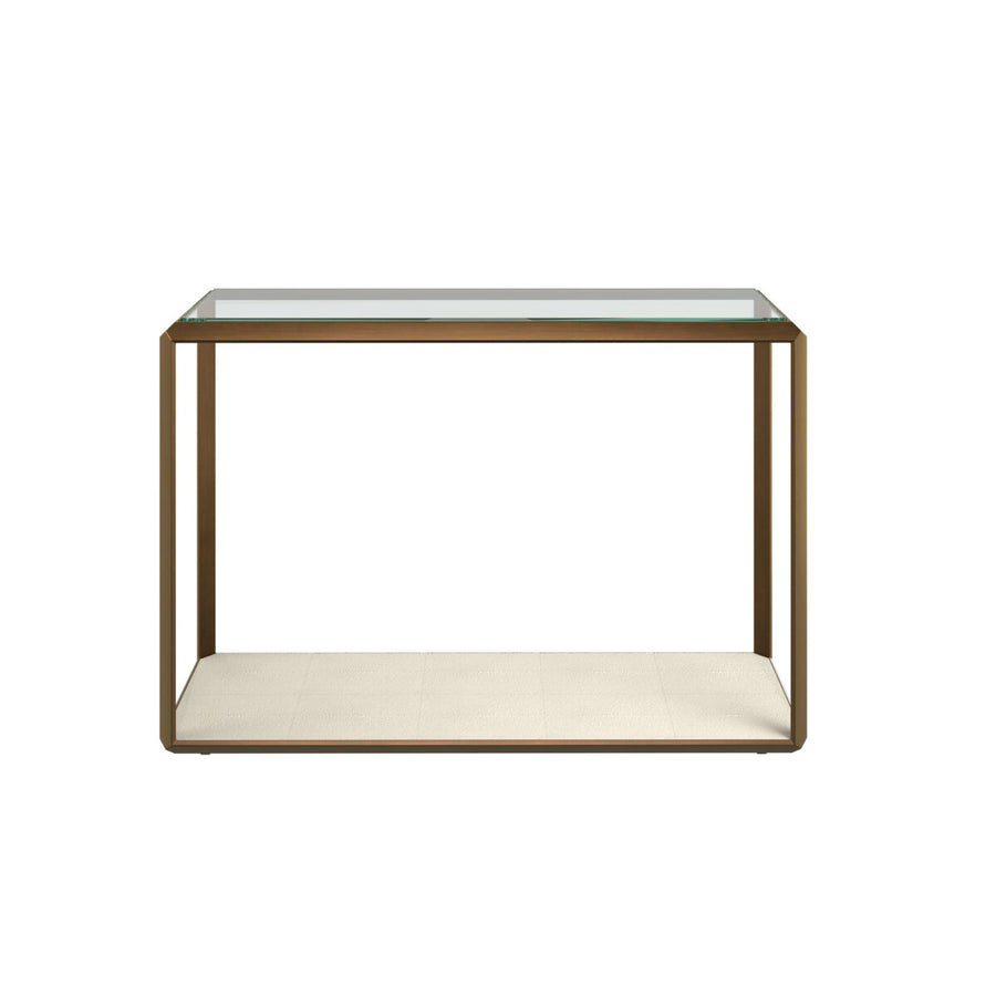 Small side table with glass top and wooden frame on a white background