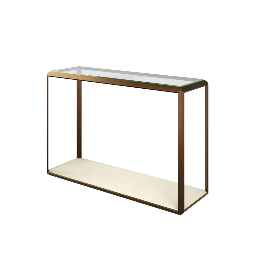 Console table with glass top and wooden shelf on a white background