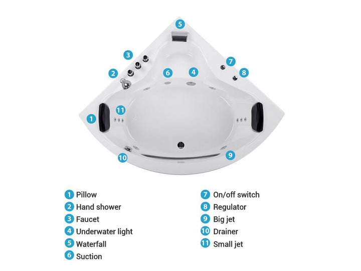 Whirlpool Corner Bath with LED 1900 x 1380 mm cm White Tocoa
