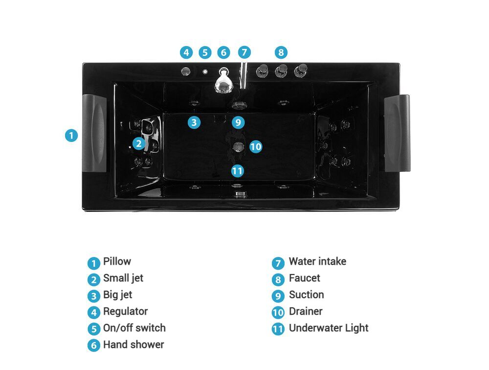 Whirlpool Bath with LED 1720 x 830 mm Black Montego