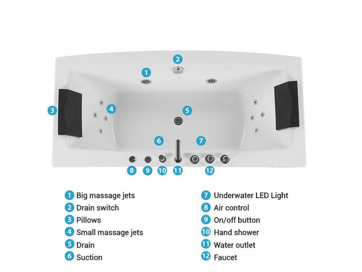 Whirlpool Bath with LED 1730 x 820 mm White Moor
