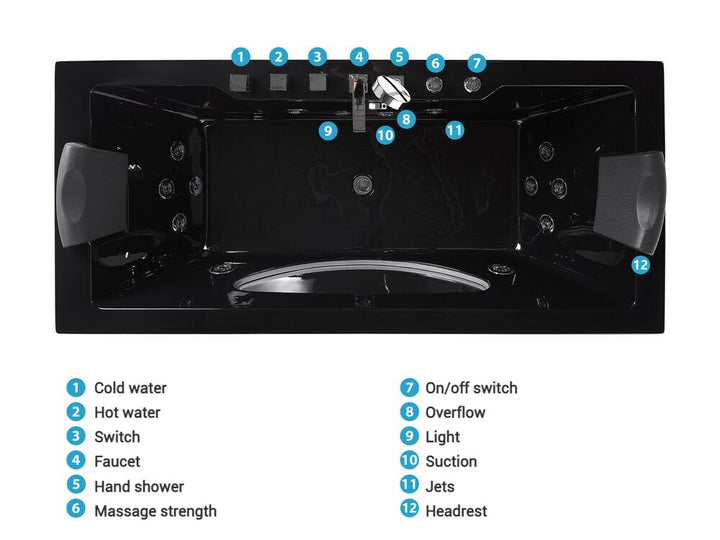 Whirlpool Bath with LED 1700 x 800 mm Black Hawes
