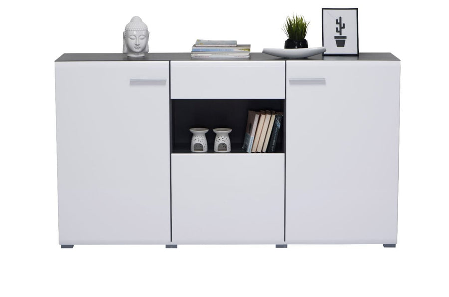 White high-gloss sideboard with decorative items on a white background