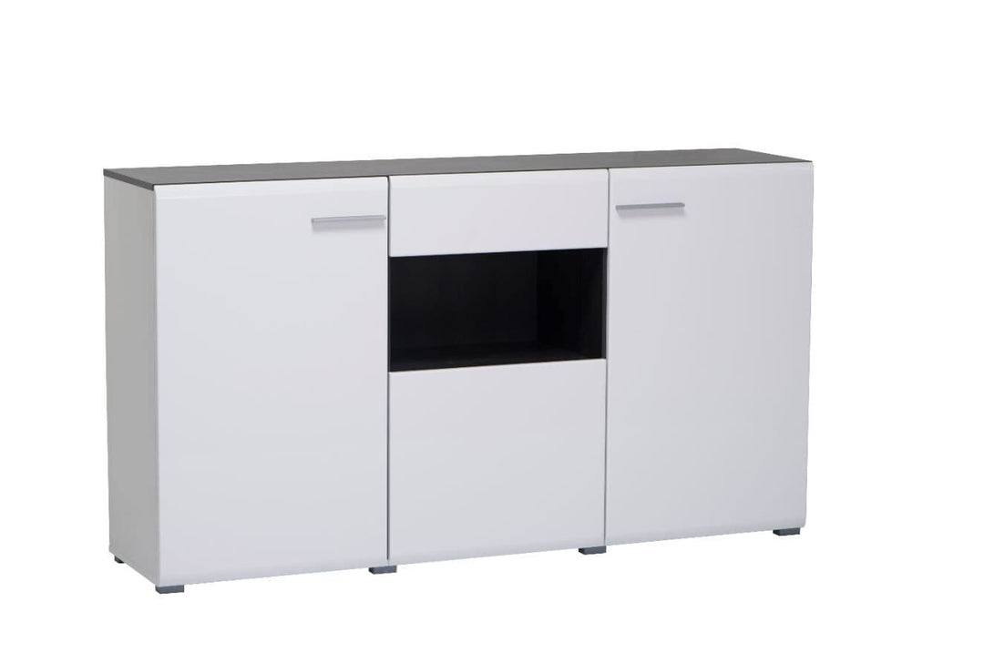 White sideboard with a black glass panel on a white background