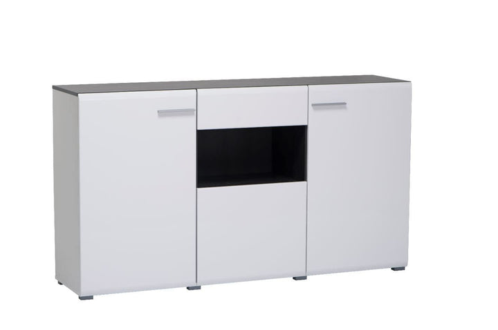 White sideboard with a black glass panel on a white background