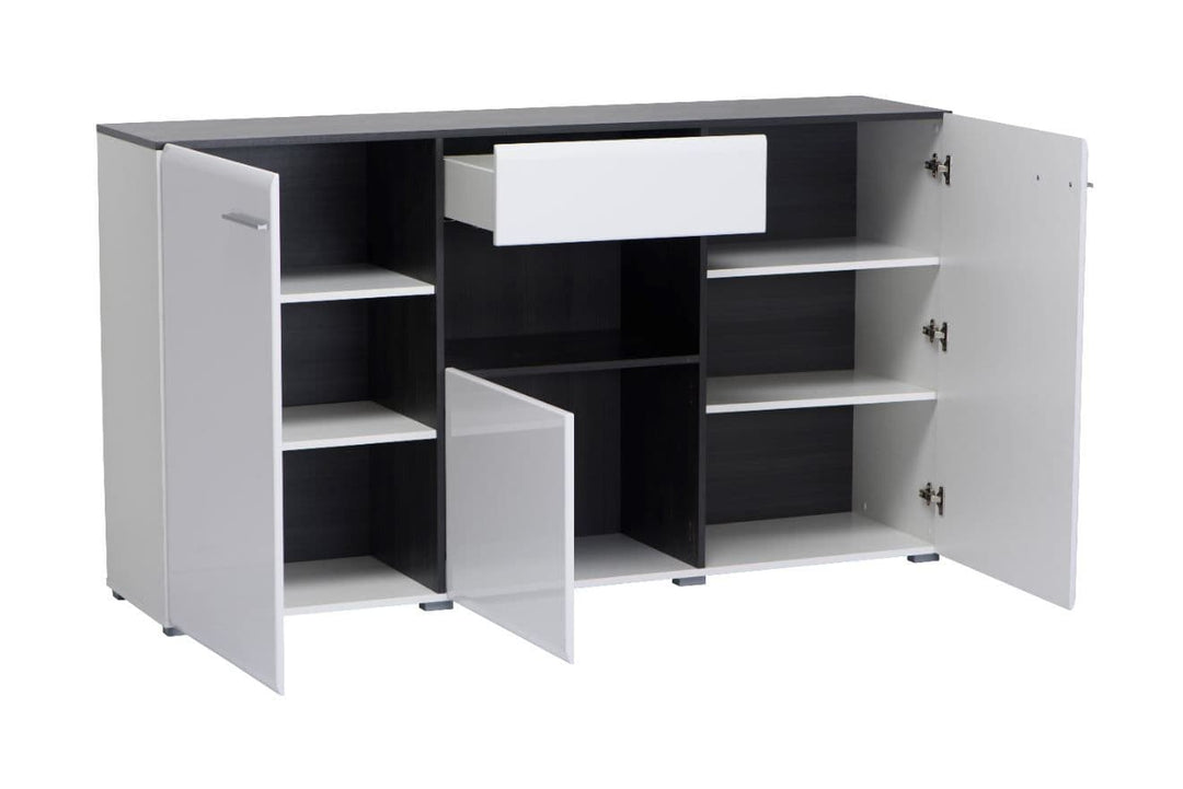 White and black sideboard with open doors on a white background