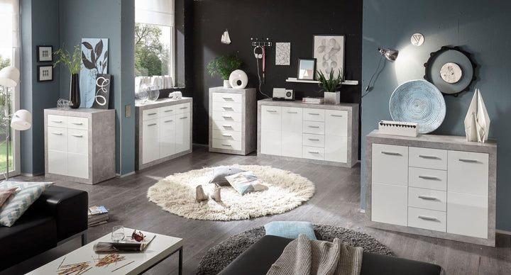Modern grey white sideboard with drawers and cabinet storage