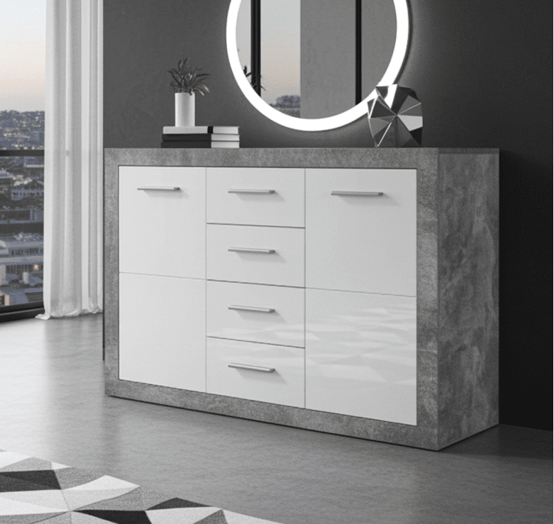 Grey and white gloss sideboard with 2 doors and 4 drawers