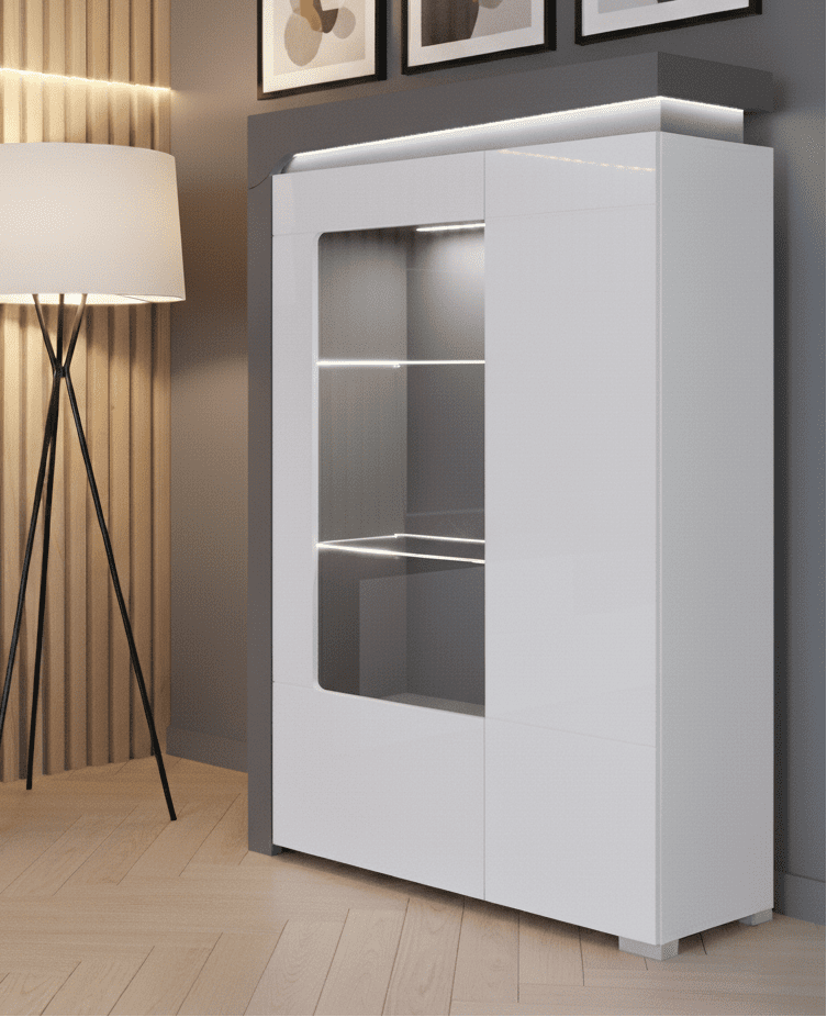 Modern living room with a white cabinet, floor lamp, and wall art.