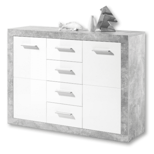 White dresser with concrete-like frame on a white background