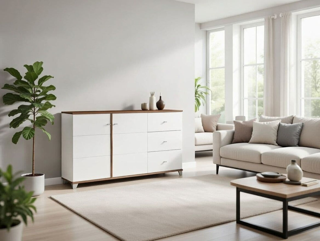 White gloss and oak effect sideboard with 2 doors and shelves