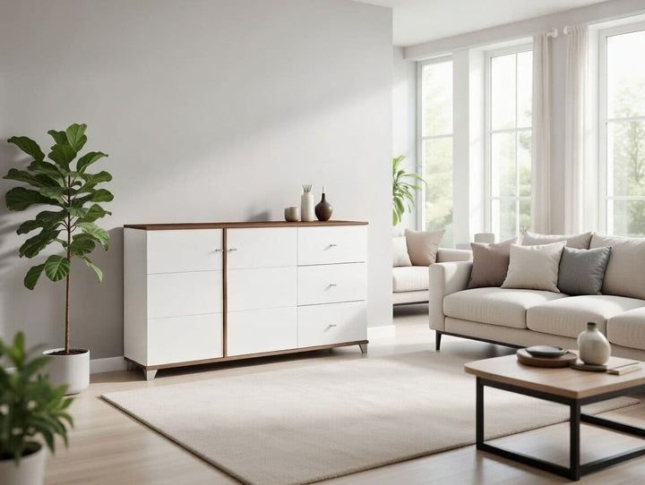 White gloss and oak effect sideboard with 2 doors and shelves