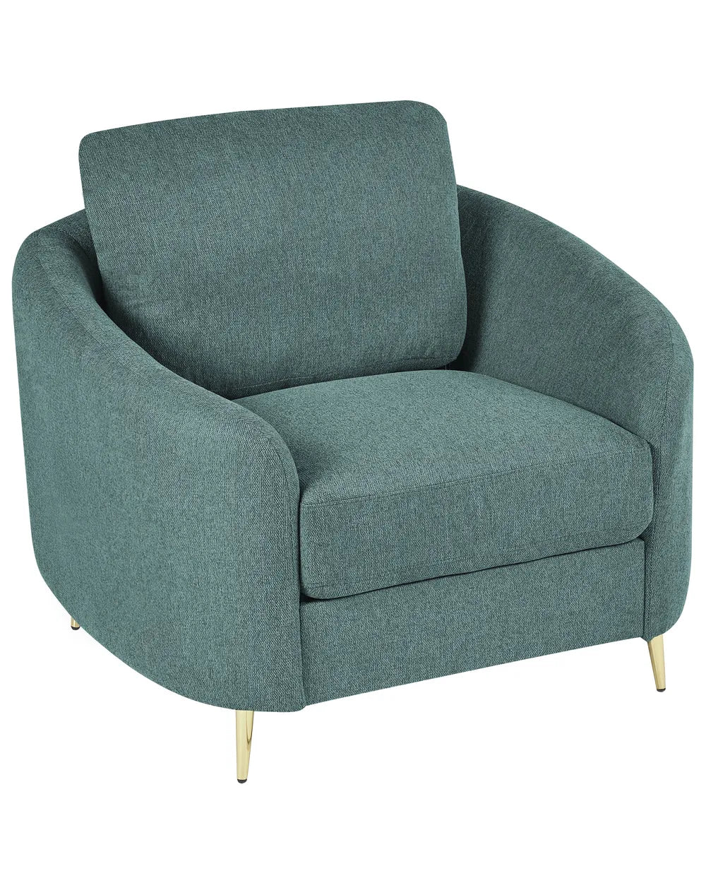 Teal armchair with gold legs on a white background