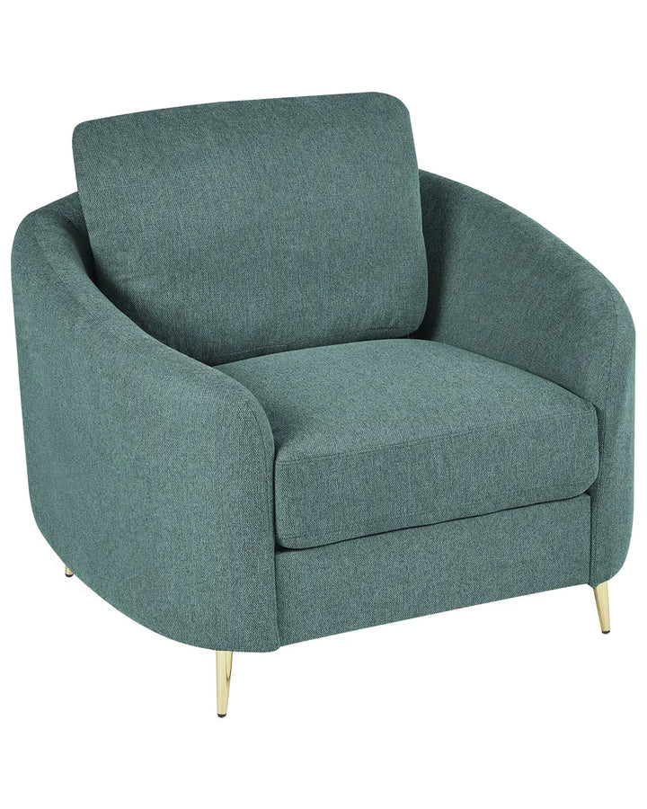 Teal armchair with gold legs on a white background