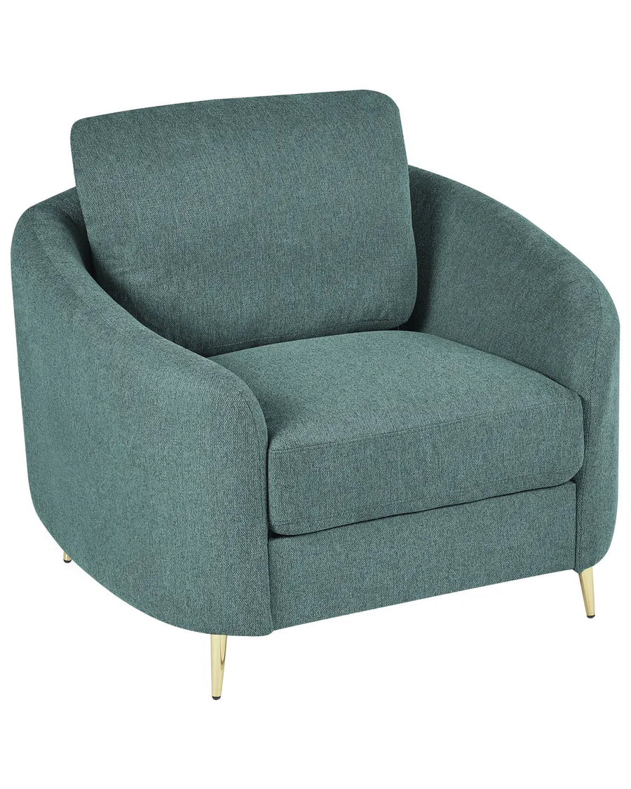 Teal armchair with gold legs on a white background