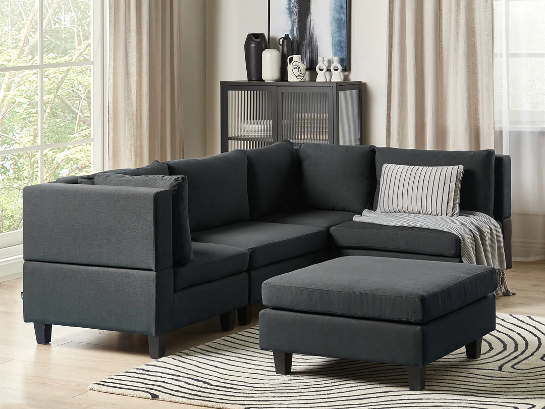 Black fabric modular corner sofa 4 seater left hand with ottoman