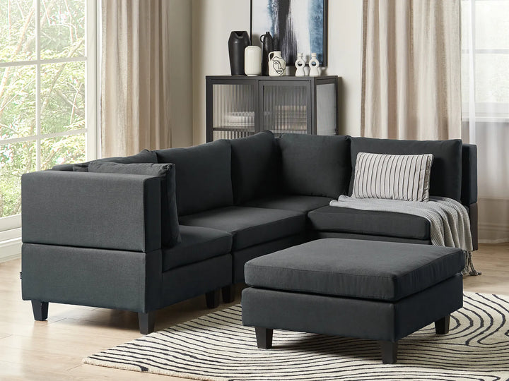 Black fabric modular corner sofa 4 seater left hand with ottoman