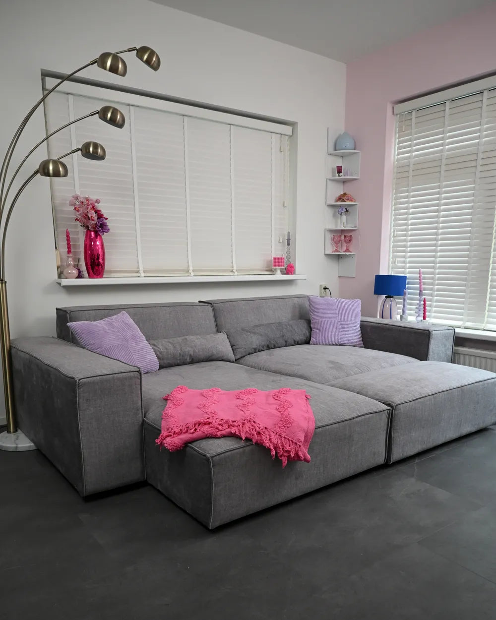 Modular Corner Sofa 2 Seater Fabric Grey with Ottoman Right Hand Bouke