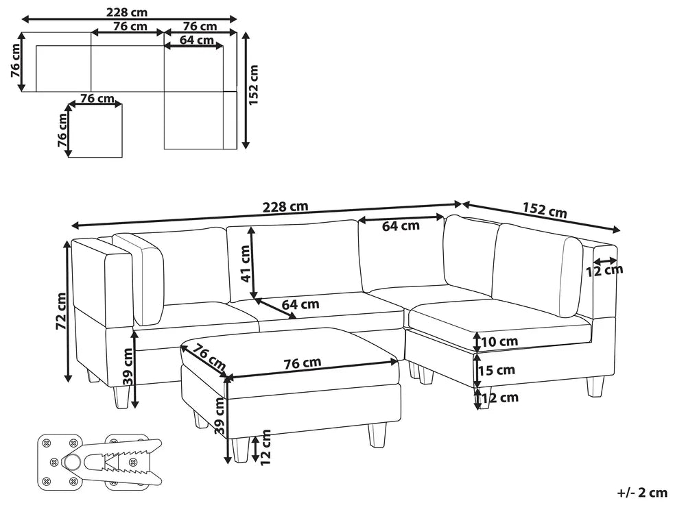 Modular Corner Sofa 4 Seater Fabric Black with Ottoman Left Hand Turella