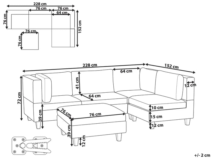 Modular Corner Sofa 4 Seater Fabric Black with Ottoman Left Hand Turella