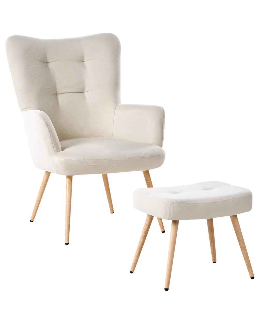 Beige armchair with matching ottoman on a white background