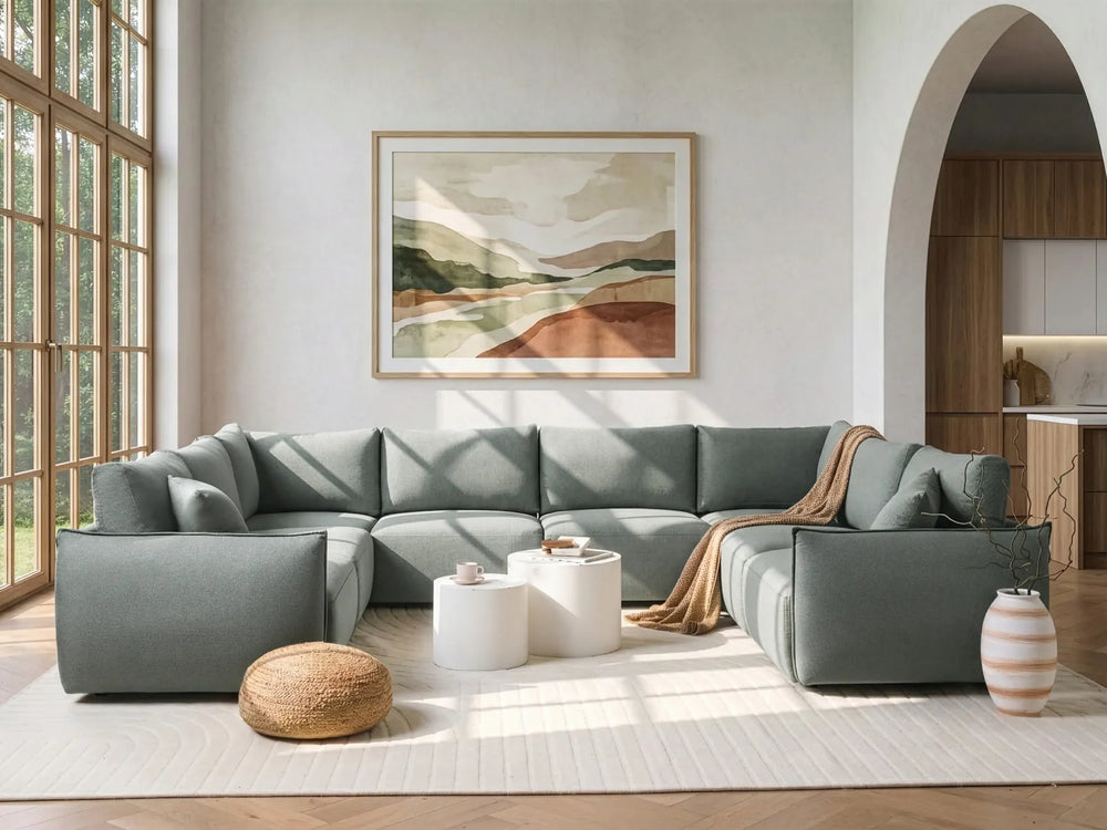 Green fabric U-shaped modular sofa