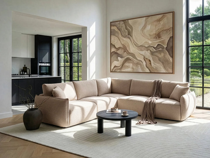 Beige bouclé modular corner sofa, right-hand layout