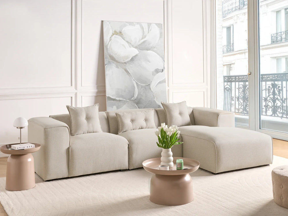 Light beige fabric corner sofa, left-hand layout