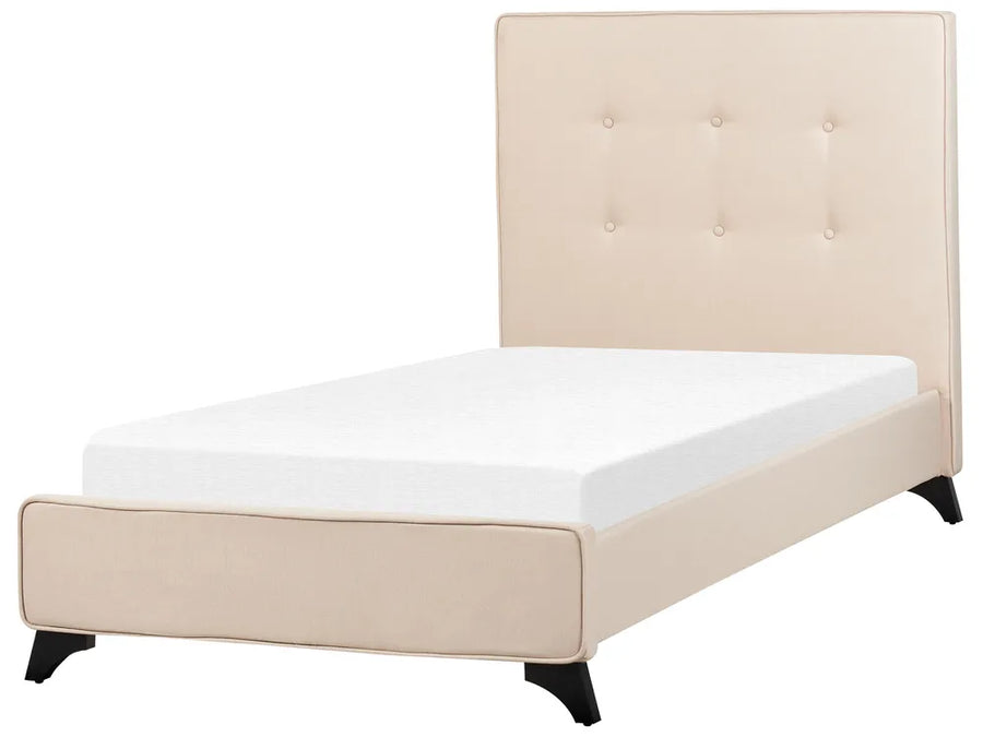 Beige bed frame with white mattress on a white background