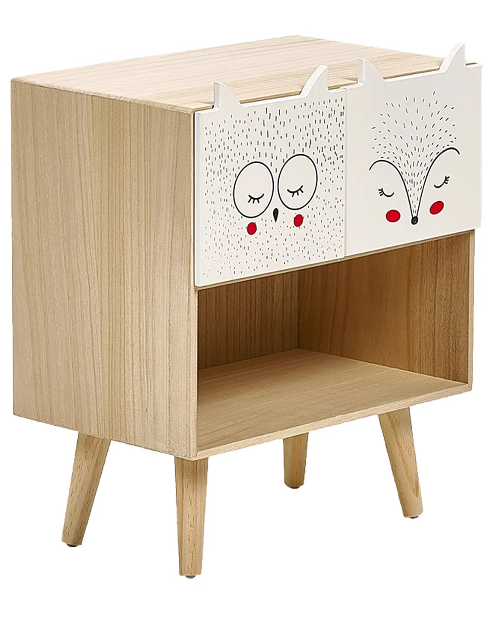 Wooden cabinet with a white drawer featuring cartoon faces on a white background