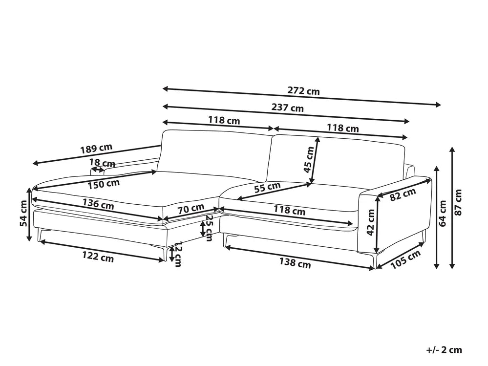 Corner Sofa 3 Seater Fabric Brown Right Hand Emilio