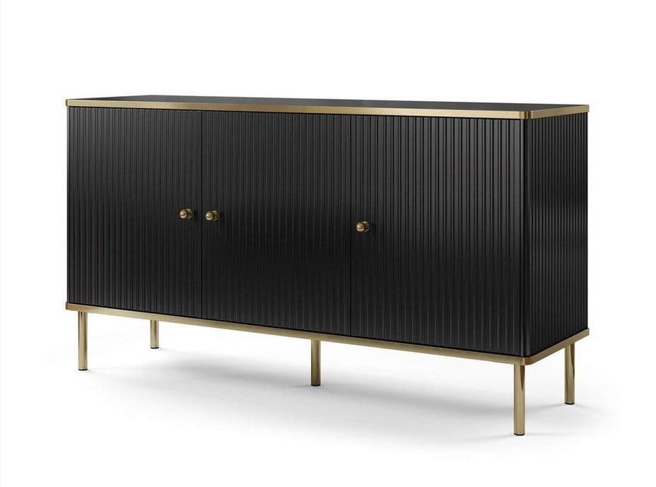 Black cabinet with gold accents on a white background
